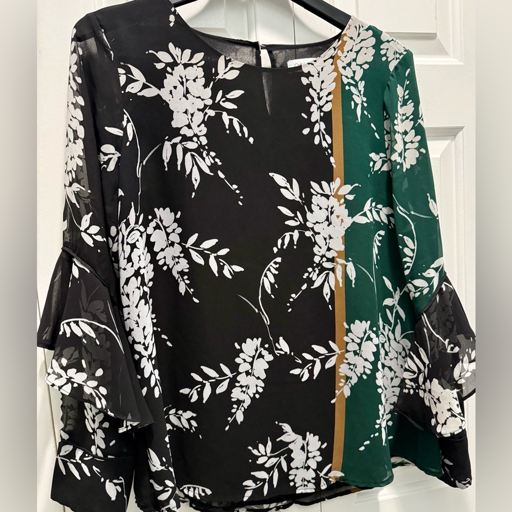Calvin Klein Black and Green Floral Blouse SzL
